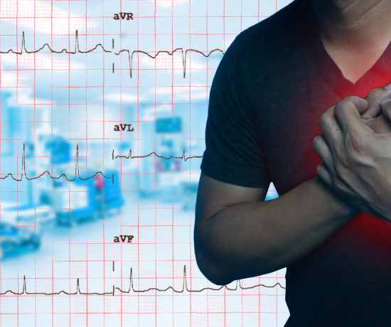 The image of a man holding his chest because of sudden cardiac pain with an ECG print at the background.