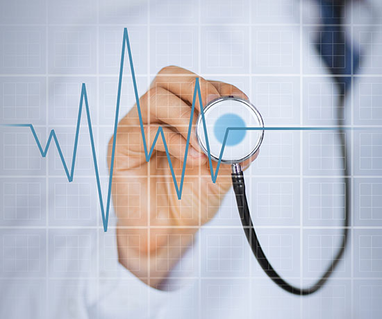 A picture of a doctor with stethoscope listening to heartbeat.