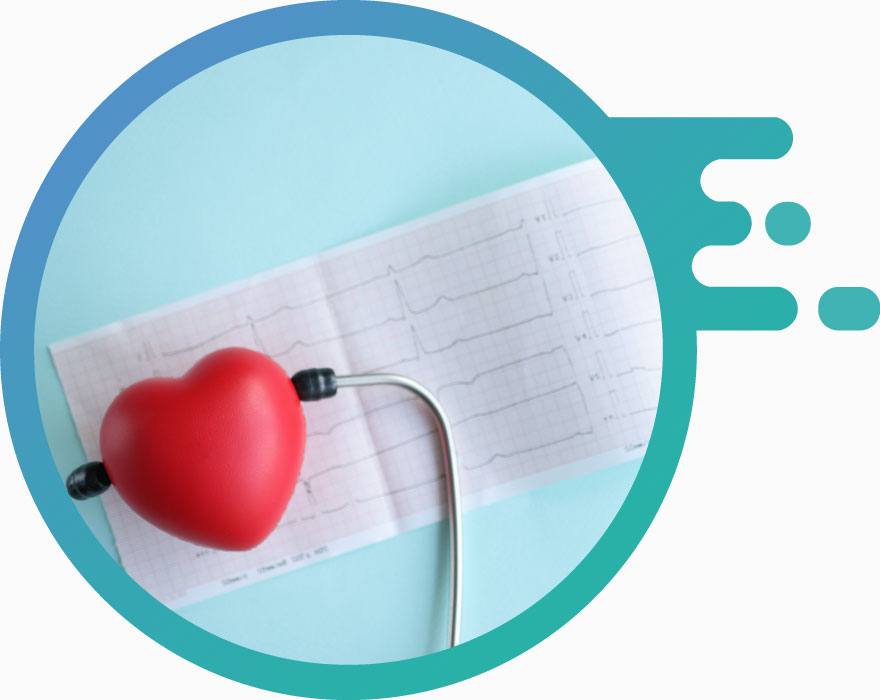 A heart model with a stethoscope and an ECG report.