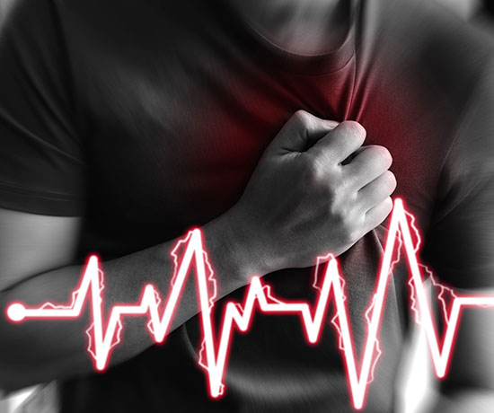 The image of a man holding his chest with virtual pulse signals illustrates heart failure.