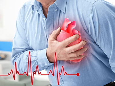 The image of a man holding his chest with a virtual heart and pulse signals illustrates heart failure.