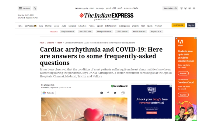 Image of an article on cardiac arrhythmia and covid-19 published by The Indian Express.