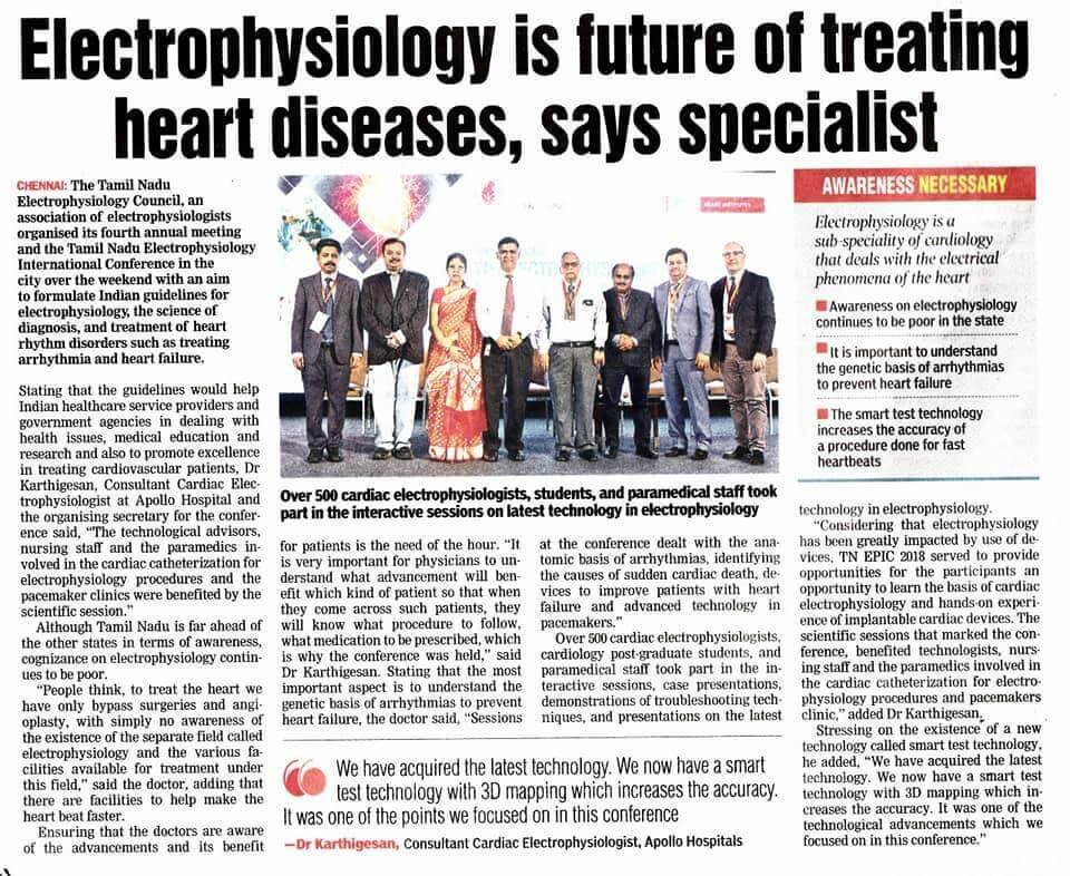 Image of a news article about Electrophysiology by Dr. Karthigesan A.M.