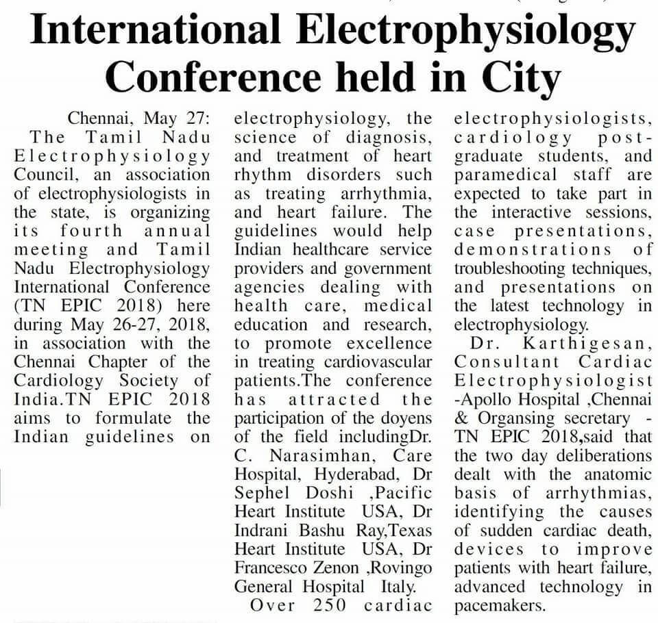 Image of a newspaper cutting about the International Electrophysiology Conference held in Chennai.