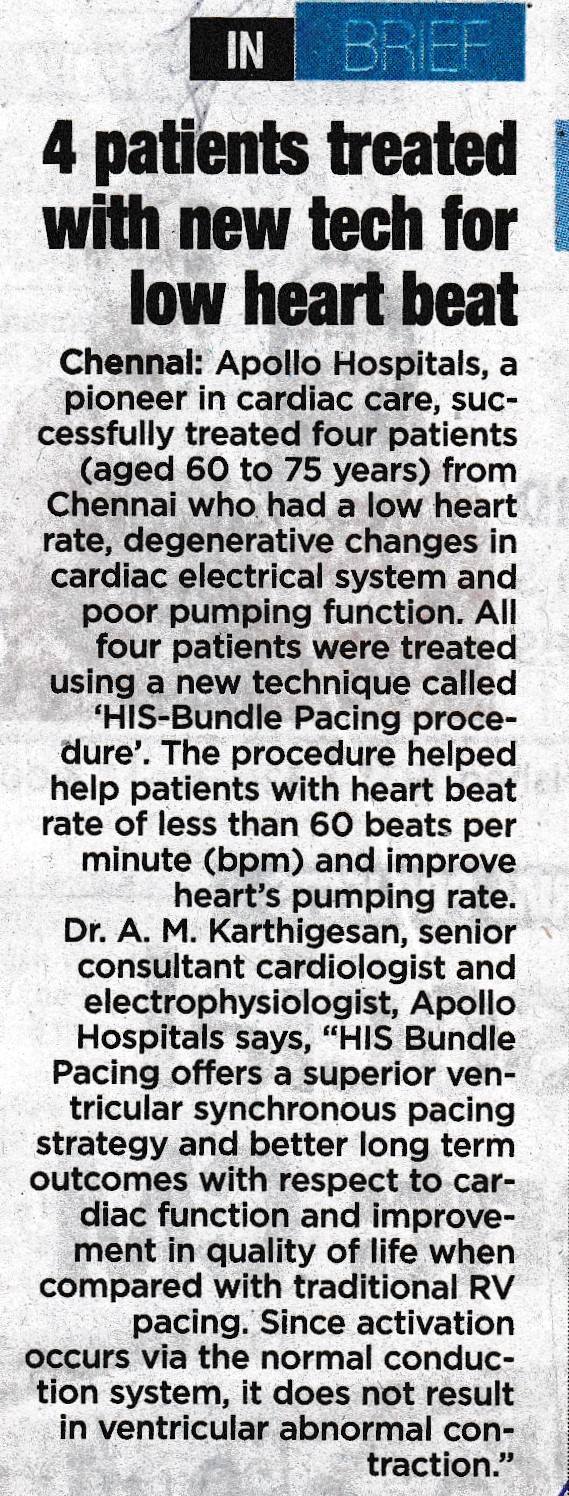 Image of a news clipping about treatment at Apollo hospitals by Dr. Karthigesan A.M.