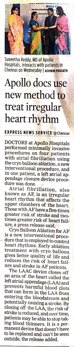Image of news clipping about Dr. Karthigesan and Cryo Ballon Ablation treatment.