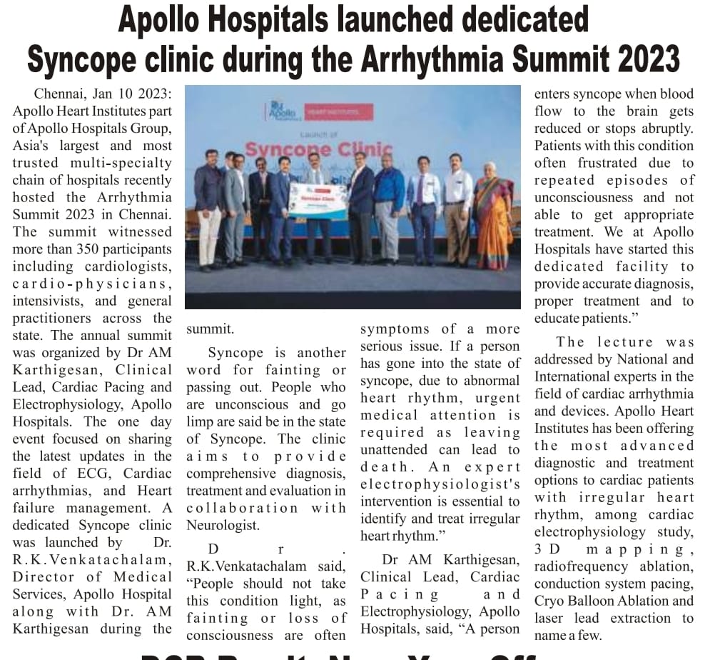 News article about the launch of a dedicated Syncope clinic by Apollo hospitals at the arrhythmia summit 2023.