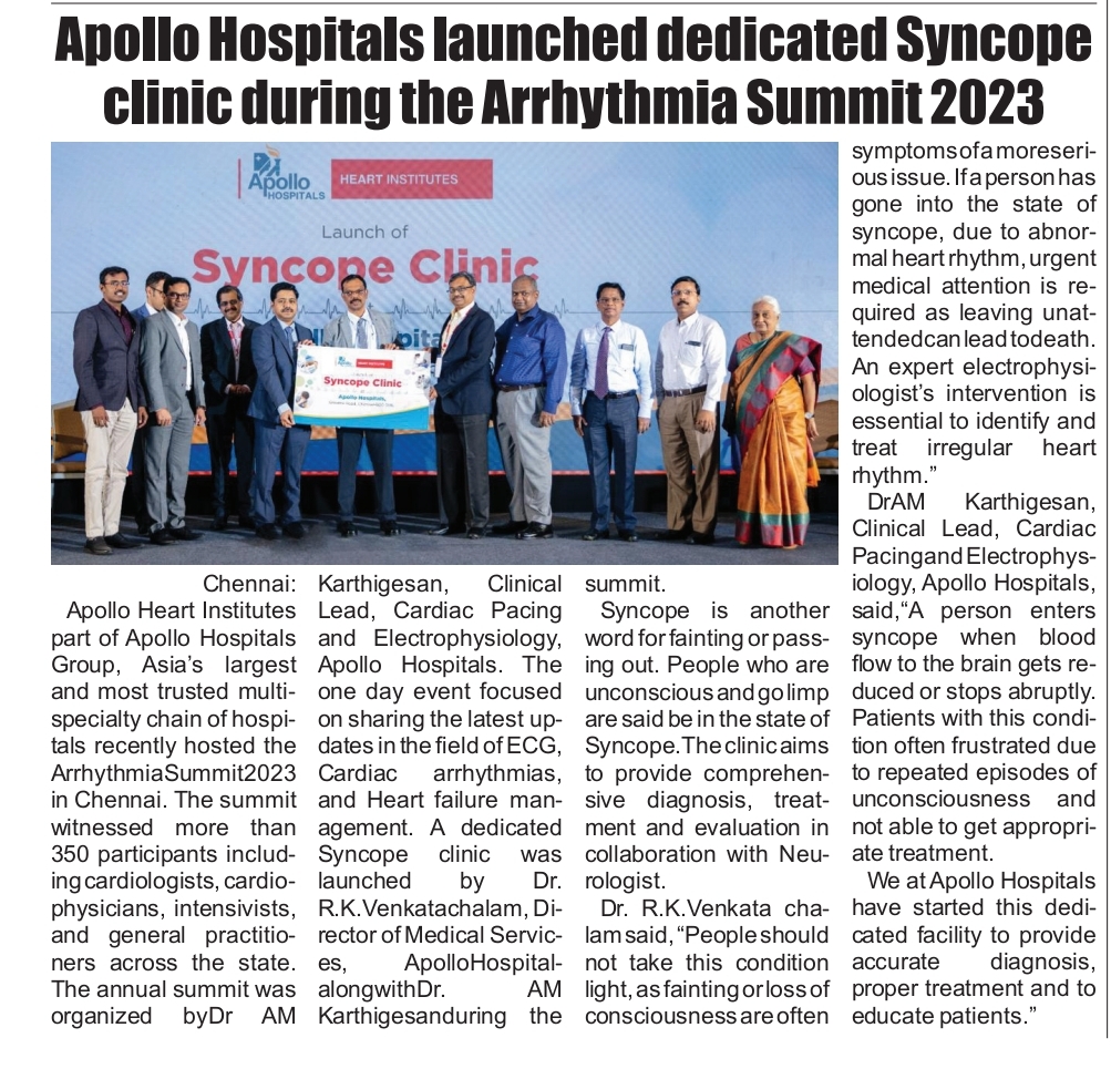 An English news article about the launch of a dedicated Syncope clinic by Apollo hospitals at the arrhythmia summit 2023.