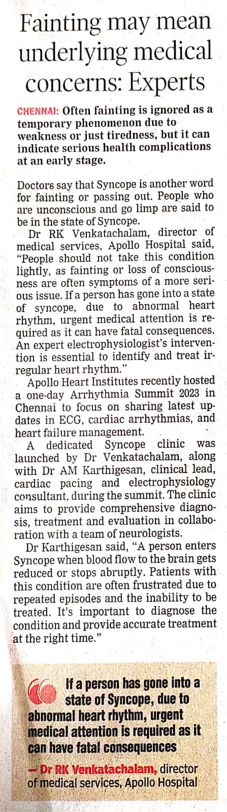 News article about Syncope and the launch of a dedicated Syncope clinic by Apollo Hospitals at the arrhythmia summit 2023.
