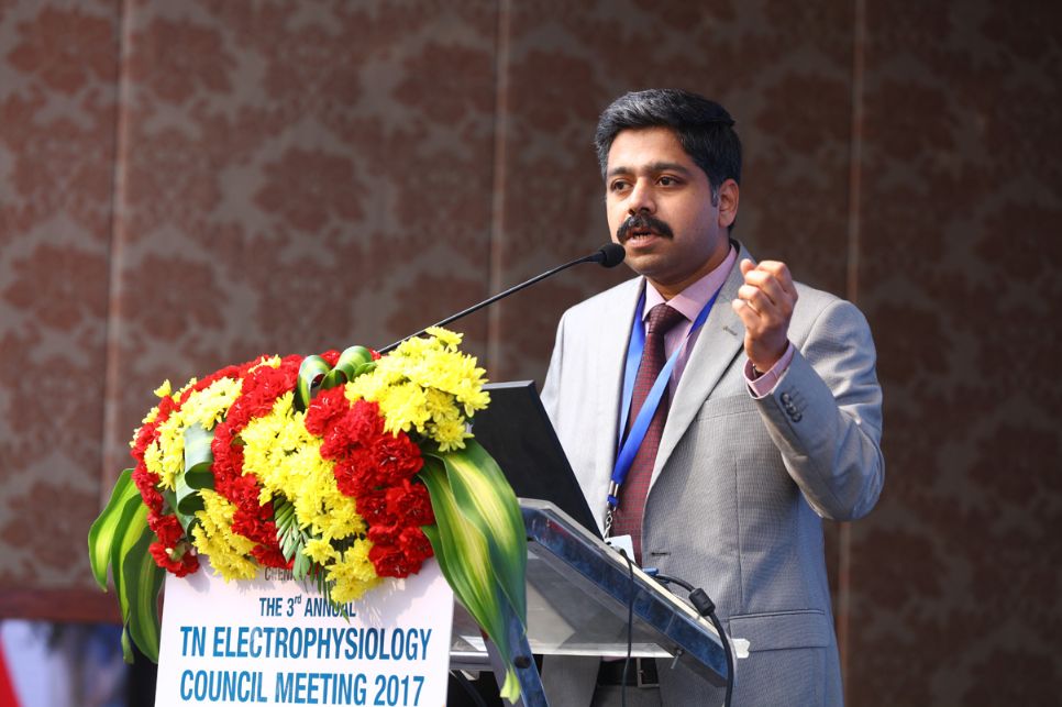 Photo of Dr. Karthigesan A.M. addressing a gathering at the Electrophysiology Council Meeting 2017.