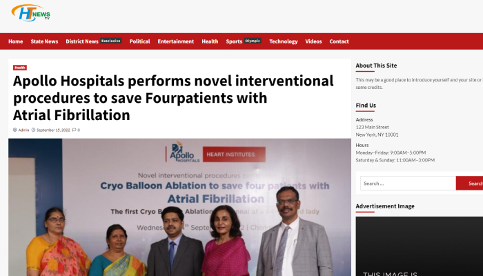 News article in HTnews TV about Apollo Hospitals performs novel interventional procedures to save Four patients with Atrial Fibrillation.