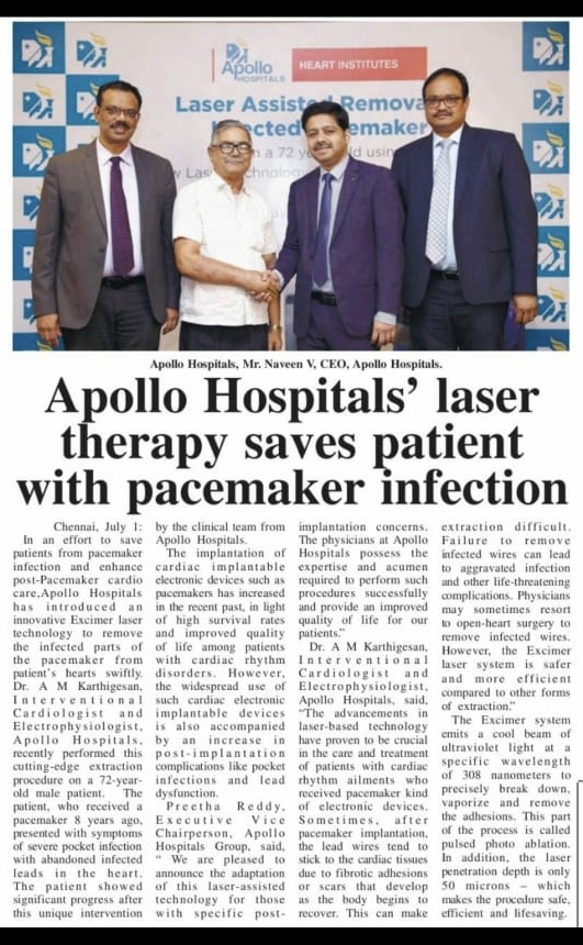 A news article about the treatment for an elderly person with pacemaker infection by Dr. Karthigesan.