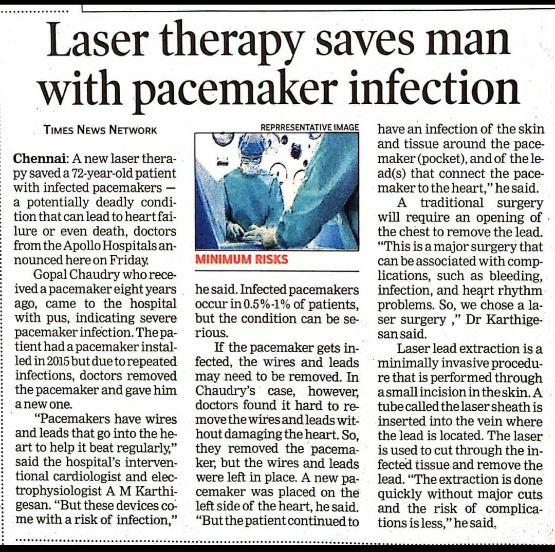 News clipping about the treatment for an elderly person with pacemaker infection by Dr. Karthigesan.