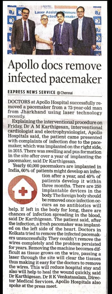 Image of a news article in the Express news service about the treatment for an elderly person with pacemaker infection by Dr. Karthigesan.
