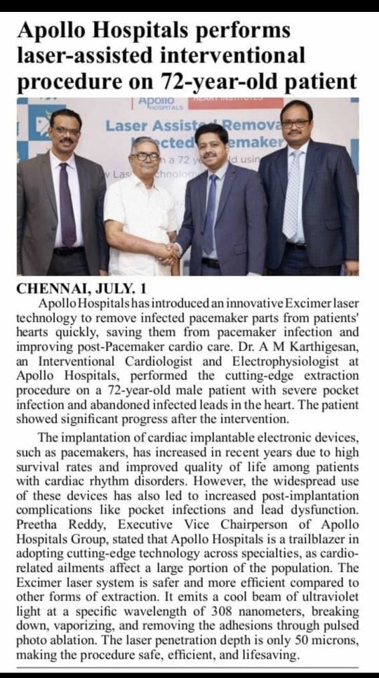 Image of an English news article about the laser-assisted procedure for an elderly person with pacemaker infection by Dr. Karthigesan.