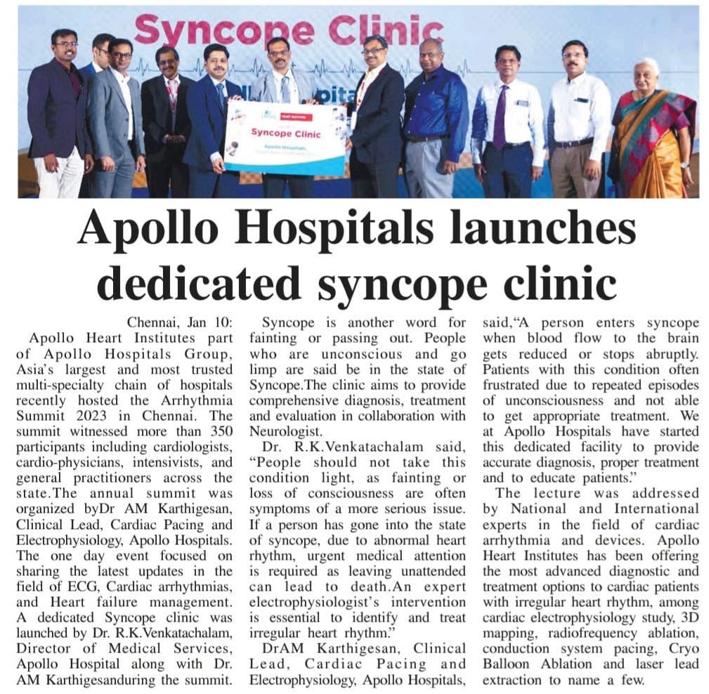 Image of a news article about Syncope and the launch of a dedicated Syncope clinic by Apollo Hospitals at the arrhythmia summit 2023.