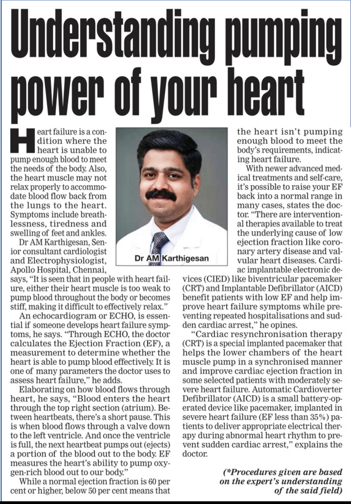 Image of news article about 'Understanding pumping power of your heart' by Dr. Karthigesan.