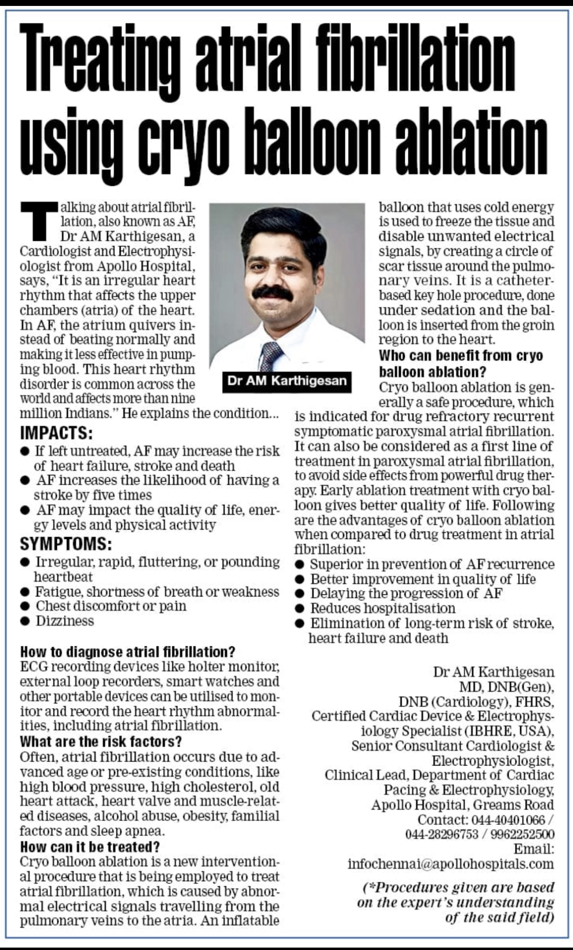 Image of news clipping about 'Treating Atrial fibrillation using Cryo Ballon Ablation' by Dr. Karthigesan.