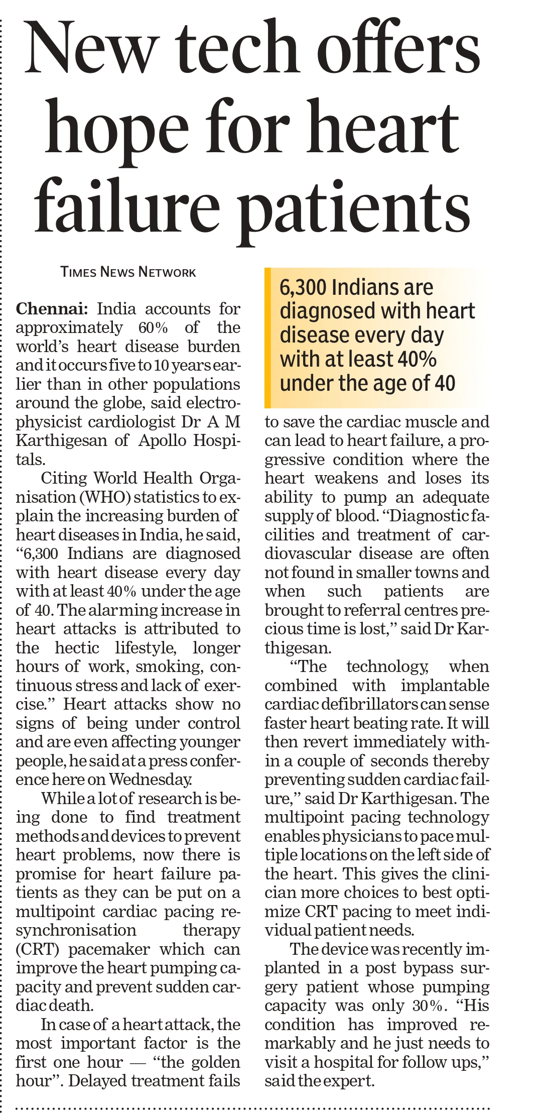 Image of a news article about technology for heart failure by Dr. Karthigesan A.M.