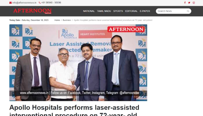 A news article in the afternoon news on the completion of Laser-Assisted Removal of Infected Pacemaker.