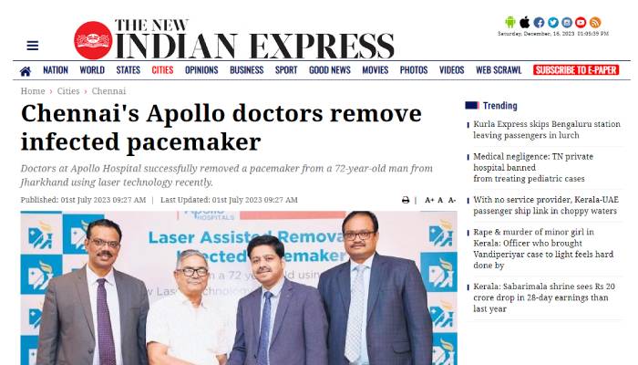 Image of an article in The New Indian Express on removal of infected pacemaker.