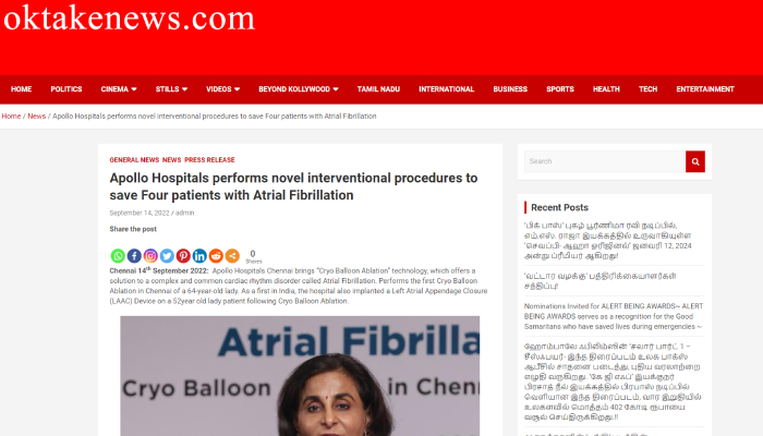 Image of an article in oktakenews.com about Apollo Hospitals performing novel interventional procedures to save Four patients with Atrial Fibrillation.