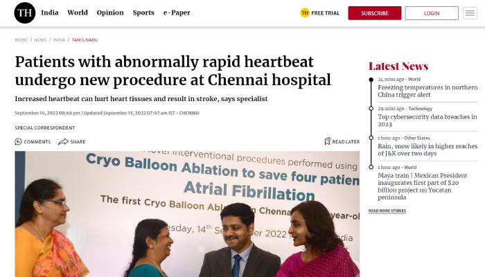 News article in The Hindu about Apollo Hospitals performing novel interventional procedures to save Four patients with Atrial Fibrillation.