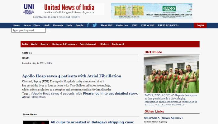 Image of an article in UNI about Apollo Hospital saving 4 patients with Atrial Fibrillation.
